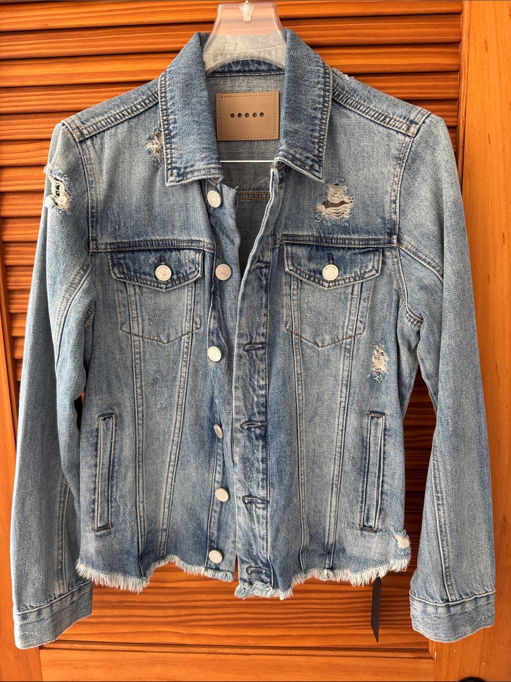 BLANK NYC Distressed Light Wash Denim Jacket in Rise Above